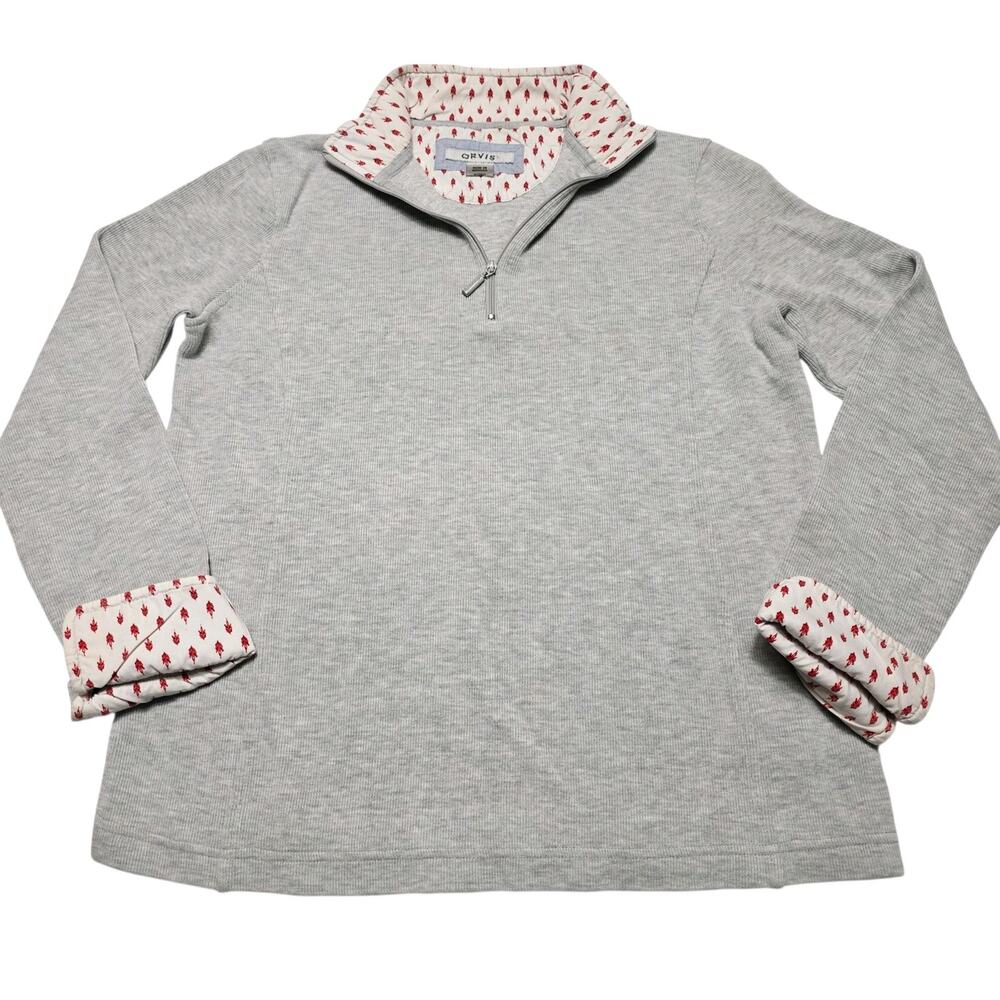 Orvis Sweater Women's Small Gray Quarter Zip Pullover Outdoor Flip Cuff